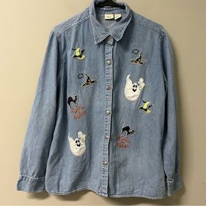 Vintage Halloween Denim Button Down Shirt 1X Ghost Black Cat Moon Bat